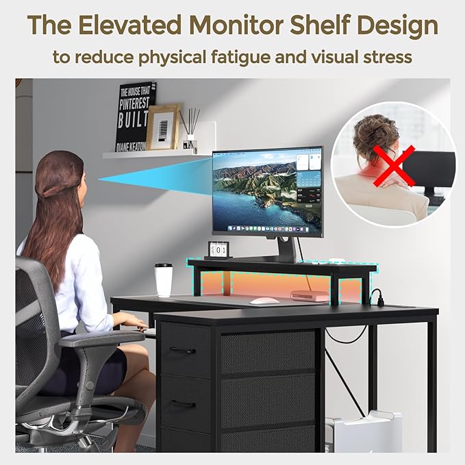 Black L Shaped Desk with Drawers, Corner Desk with LED Light & Power Outlet, 47" Computer Desk with Monitor Stand & CPU Stand, for Home Office Small Space - LeafyLoom
