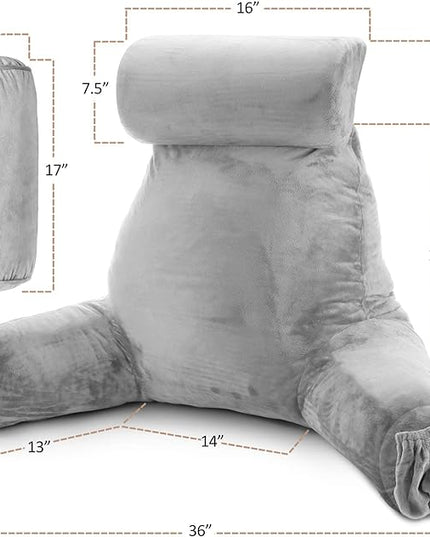 Clara Clark Reading Pillow, Large Back Pillow for Sitting Up in Bed, Memory Foam Back Support Pillow, Reading Pillows for Sitting in Bed Adult, Light Grey Sit Up Pillow for Bed with Arms and Pockets - LeafyLoom