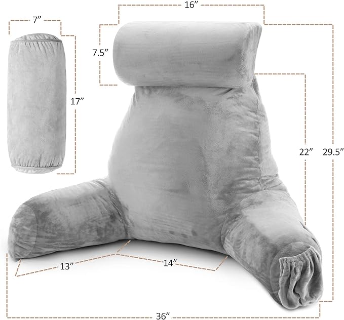 Clara Clark Reading Pillow, Large Back Pillow for Sitting Up in Bed, Memory Foam Back Support Pillow, Reading Pillows for Sitting in Bed Adult, Light Grey Sit Up Pillow for Bed with Arms and Pockets - LeafyLoom