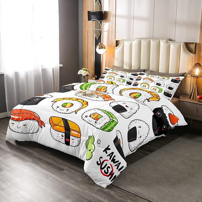 Erosebridal Kawaii Sushi Pattern Comforter Set King, Japanese Style Down Comforter, Food Theme Quilted Duvet for Kids Boys Girls Teens, Cute Cartoon Japanese Sushi Quilt Set Room Decorative - LeafyLoom