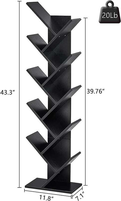 Hoctieon 10 Tier Tree Bookshelf, 10 Shelf Bookcase, Free Standing Tree Bookcase, Display Floor Standing Shelf for Books, Book Organizer Shelves for Home Office, Living Room, Bedroom, Black - LeafyLoom