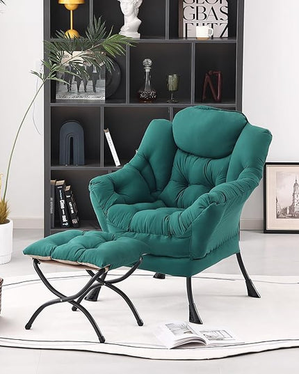 Lazy Chair with Ottoman, Modern Accent Chair Contemporary Lounge Leisure Upholstered Sofa Chair Set with Armrests, Reading Chair for Living Room, Bedroom, Office, Dark Green - LeafyLoom