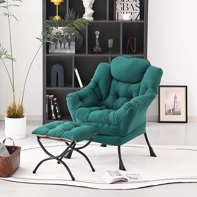 Lazy Chair with Ottoman, Modern Accent Chair Contemporary Lounge Leisure Upholstered Sofa Chair Set with Armrests, Reading Chair for Living Room, Bedroom, Office, Dark Green - LeafyLoom