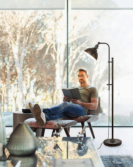 Industrial Floor Lamp, 3 Color Temperature Rustic Floor Lamps in Aged Bronze, Adjustable Height&Head Standing Reading Lamp Farmhouse Lamp - LeafyLoom