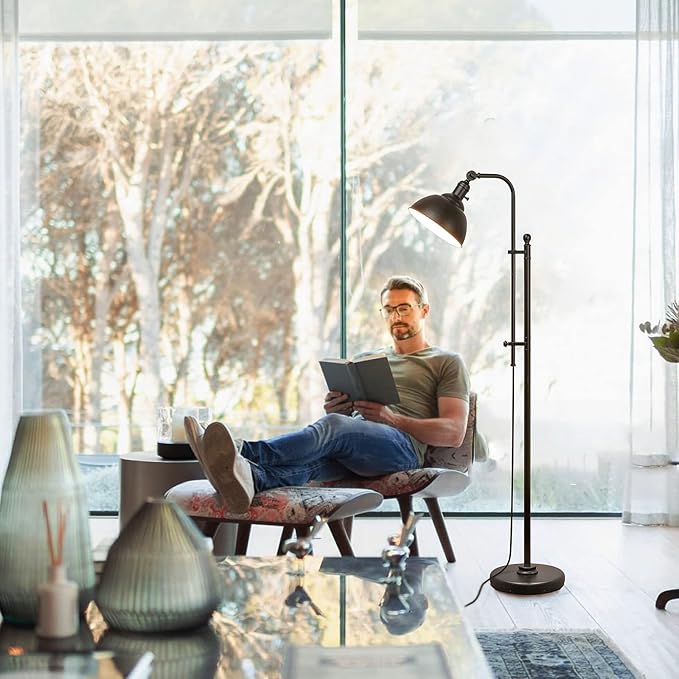 Industrial Floor Lamp, 3 Color Temperature Rustic Floor Lamps in Aged Bronze, Adjustable Height&Head Standing Reading Lamp Farmhouse Lamp - LeafyLoom