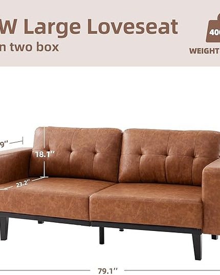 79'' Leather Sofa, 3-Seat Oversized Loveseat Sofa, Mid Century Modern Couch Sofa for Living Room, Deep Brown Faux Leather Couch Bedroom Apartment with Solid Wood Legs Upholstered Cushion, Brown - LeafyLoom