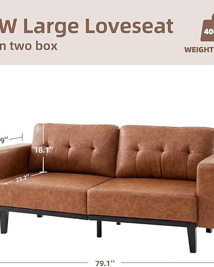 Leather Sofa Couches for Living Room, 79” Oversized Loveseat Sofa, 3 Seat Mid Century Modern Couch, Faux Brown Leather Couch, Love Seat Comfy Sofas with Solid Leg, Bedroom Couch, Cognac Tan - LeafyLoom