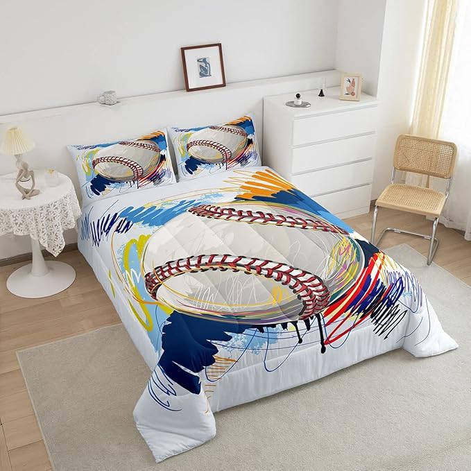 Erosebridal Baseball Comforter Set for Boys Kids King Grunge Graffiti Baseball Bedding Set Sports Theme Bed Comforter Sets Watercolor Hippie Tie Dye Quilt Duvet 2 Pillow Cases Hand Drawn Navy - LeafyLoom
