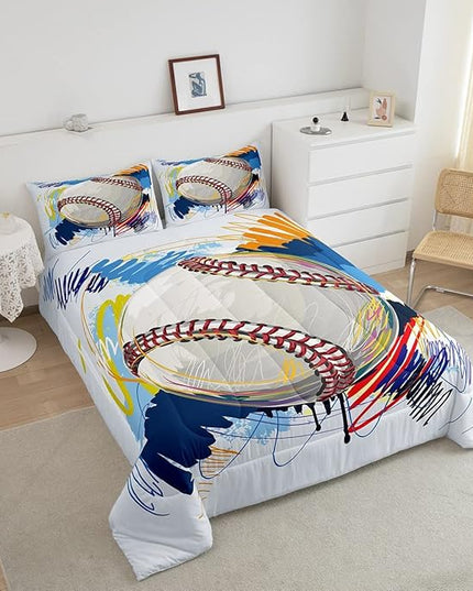 Erosebridal Baseball Comforter Set for Boys Kids Twin Grunge Graffiti Baseball Bedding Set Sports Theme Bed Comforter Sets Watercolor Hippie Tie Dye Quilt Duvet 1 Pillow Case Hand Drawn Navy - LeafyLoom