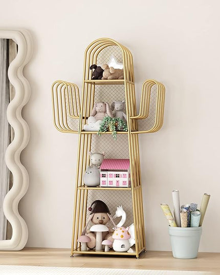 DOORXIF 4-Tier Gold Bookshelf Freestanding, Cactus Bookcase 4 Cube Storage Organizer Closet Corner Metal Display Cabinet, Corner Bookshelf for Small Spaces, Gold Bookcase for Bedroom Office - LeafyLoom