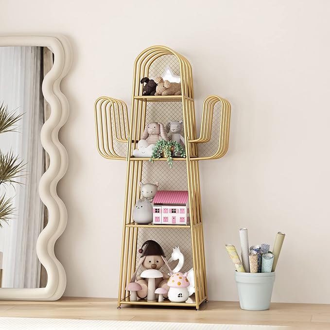 DOORXIF 4-Tier Gold Bookshelf Freestanding, Cactus Bookcase 4 Cube Storage Organizer Closet Corner Metal Display Cabinet, Corner Bookshelf for Small Spaces, Gold Bookcase for Bedroom Office - LeafyLoom