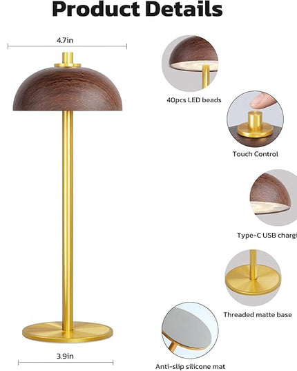 Rechargeable Cordless Table Lamp - 5000mAh Battery Powered Lamp, 3 Color Modes Stepless Dimming LED Table Light with Memory Function for Indoor, Outdoor, Dinner, Patio, Cafe.(Wood Grain) - LeafyLoom