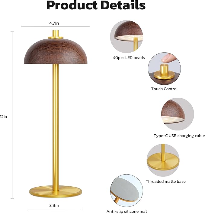 Rechargeable Cordless Table Lamp - 5000mAh Battery Powered Lamp, 3 Color Modes Stepless Dimming LED Table Light with Memory Function for Indoor, Outdoor, Dinner, Patio, Cafe.(Wood Grain) - LeafyLoom