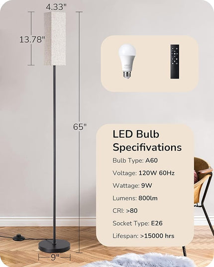 EDISHINE Modern Corner Floor Lamp, 65" Minimalist Pole Lamp with Remote, Dimmable Tall Reading Light for Living Room, Bedroom, Office, 9W LED Bulb Included (Black) - LeafyLoom