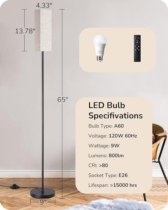 EDISHINE Modern Corner Floor Lamp, 65" Minimalist Pole Lamp with Remote, Dimmable Tall Reading Light for Living Room, Bedroom, Office, 9W LED Bulb Included (Black) - LeafyLoom