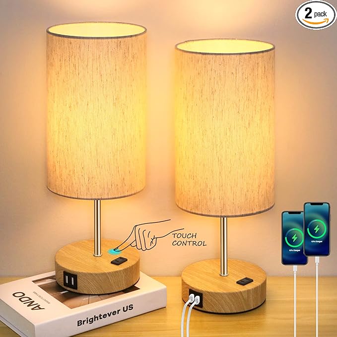 Table Lamps Set of 2 Touch Control, 2 USB Charging Ports&AC Outlet, 3-Way Dimmable Bedside Nightstand Lamp with Flaxen Fabric Shade and Wooden Base for Bedroom, 2-Pack A19 LED Bulbs Included - LeafyLoom