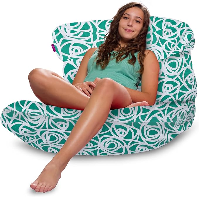 Posh Creations Structured Comfy Bean Bag Chair for Gaming, Reading, and Watching TV, Laguna Lounger, Canvas - Roses Mint - LeafyLoom