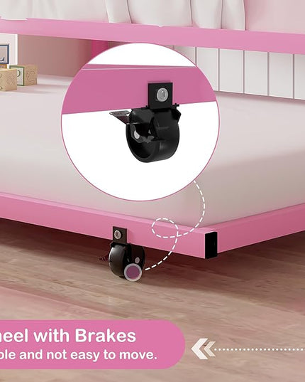 VECELO Twin Over Twin Bunk Bed with Trundle, Metal Bunkbeds with Ladder and Full-Length Guardrail, Noise Free, No Box Spring Needed, Pink - LeafyLoom