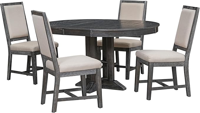 RITSU Farmhouse 5-Piece Dining Set, Included Retro Extendable Round Table with X-Shape Base and 4 Upholstered Chairs, Solid Wood Adjustable Dinette Furniture for Kitchen Living Room, Black, 1 - LeafyLoom
