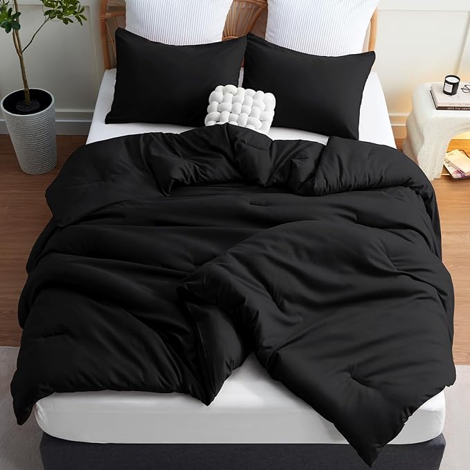 CozyLux California King Comforter Set Black, 3 Pieces Cal King Solid Breathable Boho Style Bedding Sets, Cozy Luxury Fluffy Soft Microfiber Quilt Comforter for All Season(1 Comforter & 2 Pillowcases) - LeafyLoom
