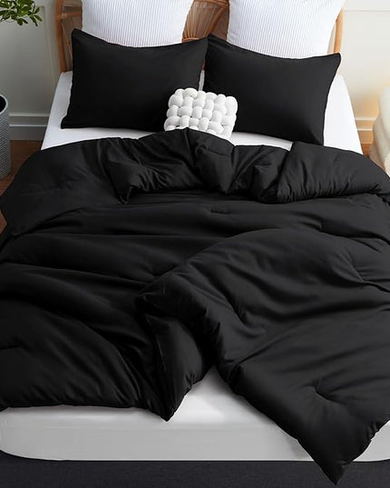 CozyLux Black Comforter Set Queen Size, 3 Pieces Solid Breathable Quilted Style Bedding Sets, Luxury Fluffy Soft Microfiber Comforter for All Season(1 Comforter & 2 Pillowcases) - LeafyLoom