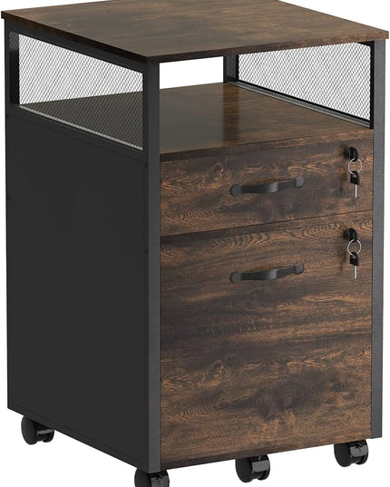 2 drawer file cabinet with lock, Wood Filing Cabinet for Home Office with Wheels and Open Shelf, Small Rolling Printer Stand and Under Desk File Cabinets for A4/Letter-Size Files-Brown - LeafyLoom