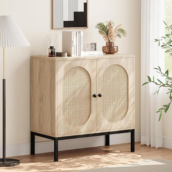 GAOMON Sideboard Buffet Cabinet, Rattan Storage Cabinet, Wood Accent Cabinet with Door and Shelf, Console Cabinet with Storage, Sideboard Cabinet for Hallway, Entryway, Living Room (Natural) - LeafyLoom