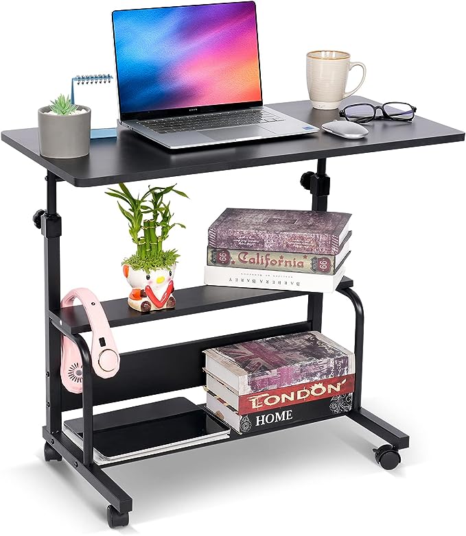 Portable Desk Small Desks for Small Spaces Laptop Table Black Rolling Adjustable Desk on Wheels Mobile Couch Desk for Bedroom Home Office Computer Standing Desk Student Desk with Storage 32x16 Inch - LeafyLoom