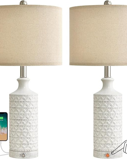 PoKat 24" Modern Contemporary Ceramic Lamp Set of 2 for Living Room White Desk Decor Lamps for Bedroom Farmhouse Bedside Nightstand End Table Lamps, White - LeafyLoom