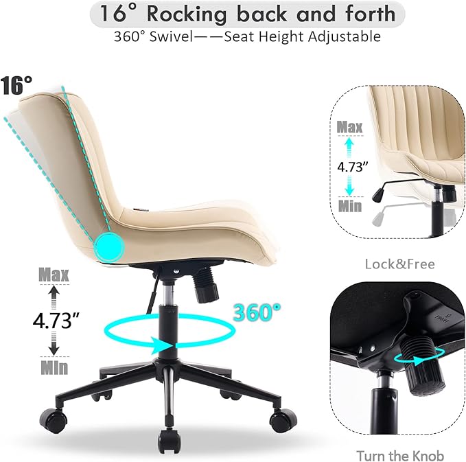 YOUNIKE Office Chair Swivel Desk Chair Upholstered Leather Height Adjustable with Wheels Computer Task Chair Modern Rolling Armless with Back, Beige, Loads 300 lbs - LeafyLoom