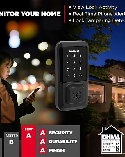 Kwikset Halo Wi-Fi Smart Lock, Keyless Entry Front Door Touchscreen Deadbolt, Matte Black Finish, Grade AAA Certified, UL Listed, Easy Install No Hub, App Control, Digital Remote Lock Kwikset