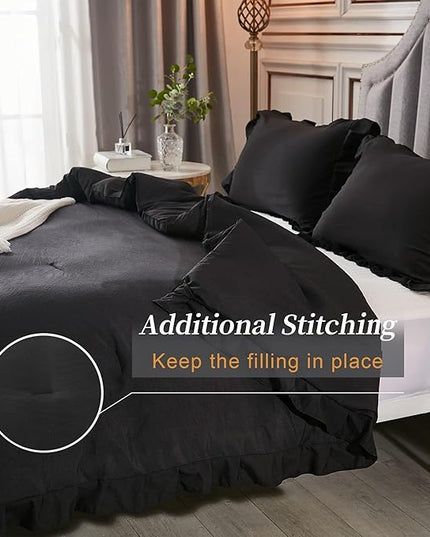 Andency California King Comforter Set Black (104x96Inch), 3 Pieces Cal King Ruffle Comforter, Oversized Farmhouse Shabby Chic Bed Comforter, Lighteweight and Soft Microfiber Bedding Set - LeafyLoom