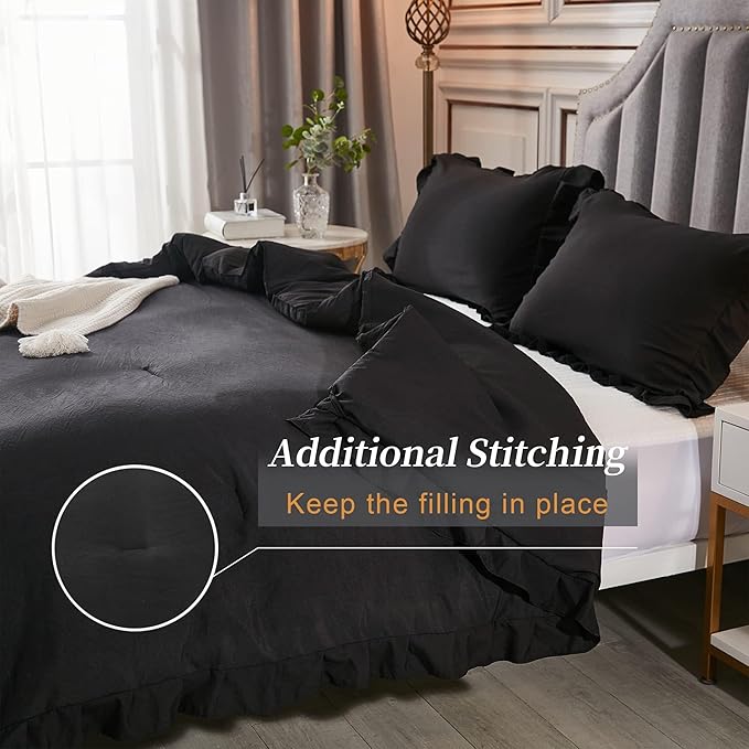Andency California King Comforter Set Black (104x96Inch), 3 Pieces Cal King Ruffle Comforter, Oversized Farmhouse Shabby Chic Bed Comforter, Lighteweight and Soft Microfiber Bedding Set - LeafyLoom