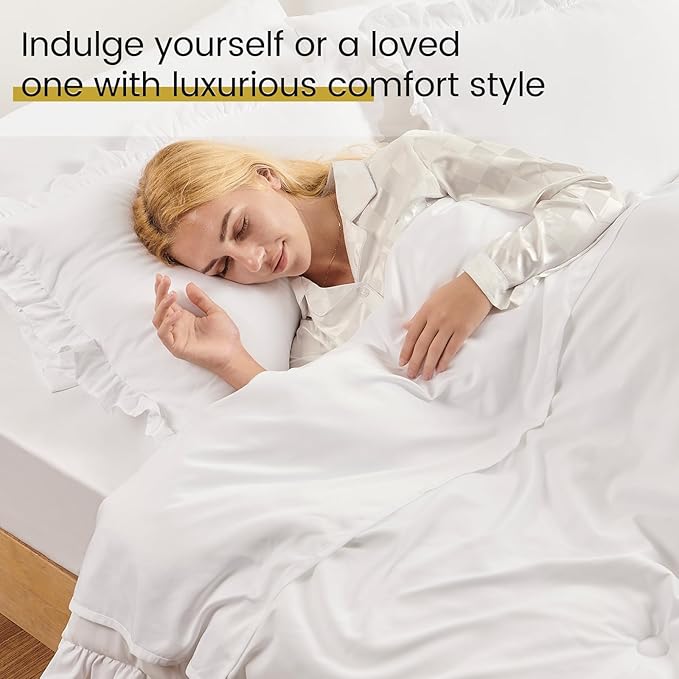 Twin Bed in a Bag 5 Pieces Comforter Set Twin, Ruffle Shabby Chic Bedding Comforter Set White Bed Set with Comforter, Pillowcase, Flat Sheet, Fitted Sheet and Pillow Sham - LeafyLoom