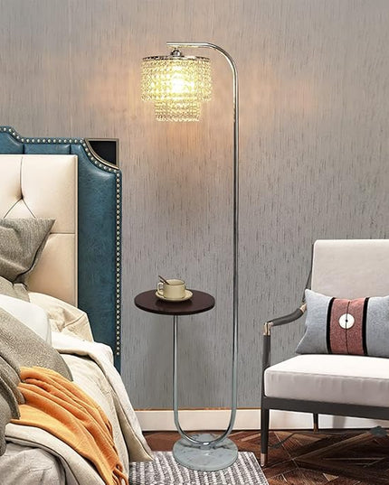 Hsyile Arc Crystal Floor Lamp for Living Room - Marble Base Modern Tall Stand Up Light with Table,Contemporary Over The Couch Chrome Lamp Standing Lamps for Bedroom Office Living Room - LeafyLoom