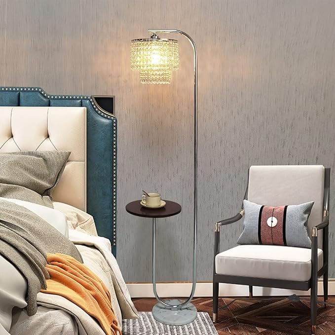 Hsyile Arc Crystal Floor Lamp for Living Room - Marble Base Modern Tall Stand Up Light with Table,Contemporary Over The Couch Chrome Lamp Standing Lamps for Bedroom Office Living Room - LeafyLoom
