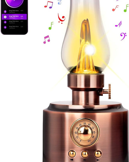 Vintage Table Lamp Retro Bluetooth Speaker Rechargeable Portable Night Light Flameless LED Oil Lamp Bedside Desk Lamp for Bedroom, Cafe, Bar, Desk Decor, Outdoor Camping Birthday Gifts for Kids Women - LeafyLoom