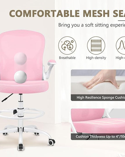 Drafting Chair, Tall Office Chair Ergonomic Standing Desk chair, Lumbar Support Computer Chair Swivel Task Rolling Chair with Adjustable Flip-up Armrests & Foot Ring (Pink) - LeafyLoom