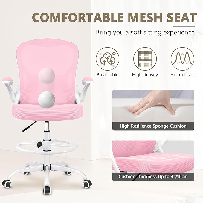 Drafting Chair, Tall Office Chair Ergonomic Standing Desk chair, Lumbar Support Computer Chair Swivel Task Rolling Chair with Adjustable Flip-up Armrests & Foot Ring (Pink) - LeafyLoom