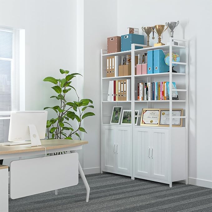 White Bookshelf with Doors,70" Tall Bookcase with Storage Cabinet,6 Tier Book Shelf for Living Room/Bedroom/Home Office/Kitchen,70"(H)*26"(L)*11.8"(W) - LeafyLoom