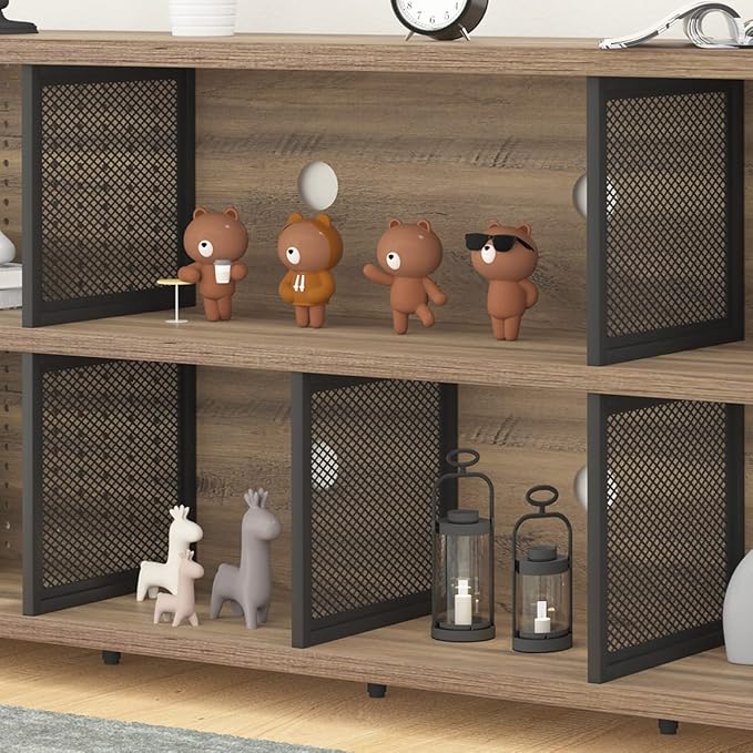 LVB Industrial Horizontal Bookshelf, 4 5 6 7 8 Cube Storage Organizer Bookcase, Modern Wide Large Book Shelf for Bedroom Living Room, Rustic Low Long Wood Metal Office Cubby Shelf, Rustic Oak, 63 Inch - LeafyLoom