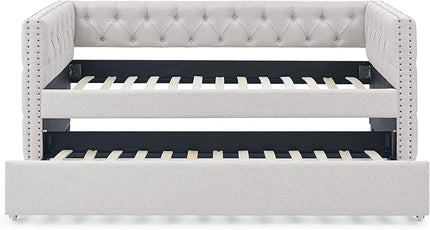 Upholstered Twin Size Daybed with Trundle,Solid Wooden Sofa Bed Frame W/Button Tufted & Copper Nail on Square Arms,No Spring Box Need,Bedframe for Living Room Bedroom Dorm,Beige Linen - LeafyLoom