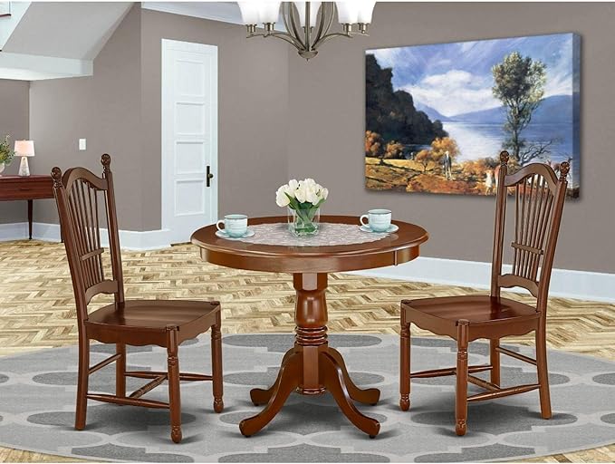 East West Furniture ANDO3-MAH-W Antique 3 Piece Set Contains a Round Dining Room Table with Pedestal and 2 Wood Seat Chairs, 36x36 Inch - LeafyLoom