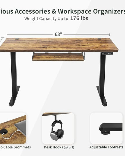 BANTI 63" x 24" Height Adjustable Electric Standing Desk with Keyboard Tray, Sit Stand up Desk with Splice Board, Black Frame/Rustic Brown Top - LeafyLoom