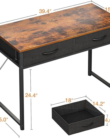 ODK 40 Inch Small Desk with Fabric Drawers- for Bedroom, Vanity Desk with Storage, Home Office Computer Desk for Small Spaces, Modern Work Writing Study Table, Vintage - LeafyLoom