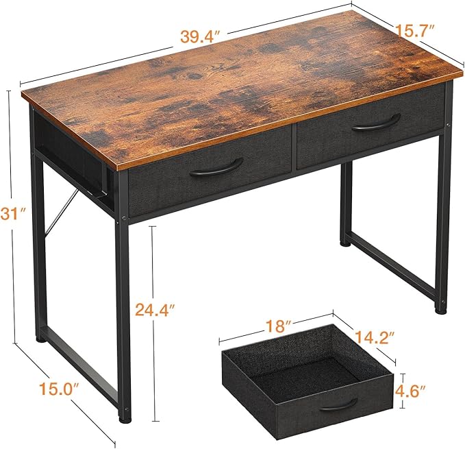 ODK 40 Inch Small Desk with Fabric Drawers- for Bedroom, Vanity Desk with Storage, Home Office Computer Desk for Small Spaces, Modern Work Writing Study Table, Vintage - LeafyLoom