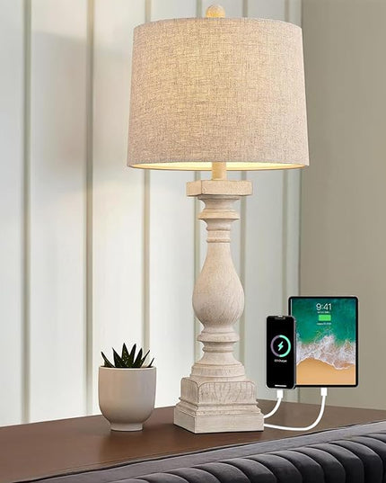 BOBOMOMO Retro 27" USB Charging Ports A/C Wash-White Farmhouse Lamps for Bedrooms Side Table Lamps Bedside Lamp for Nightstand Living Room 1 Pack - LeafyLoom