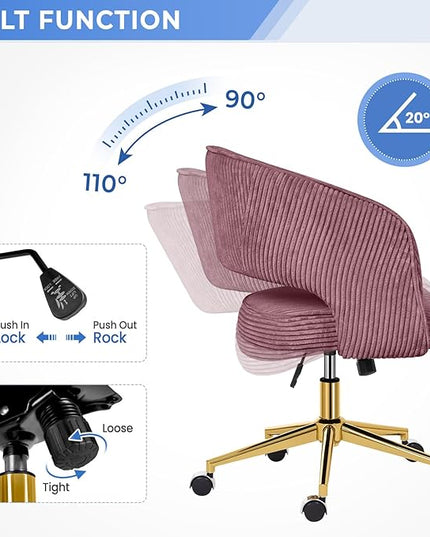 Rose Pink Office Chair, Corduroy Home Office Desk Chairs with Wheels and Gold Base, Mid Century Swivel Vanity Chair, Comfy Rolling Chair for Bedroom, Living Room, Study - LeafyLoom