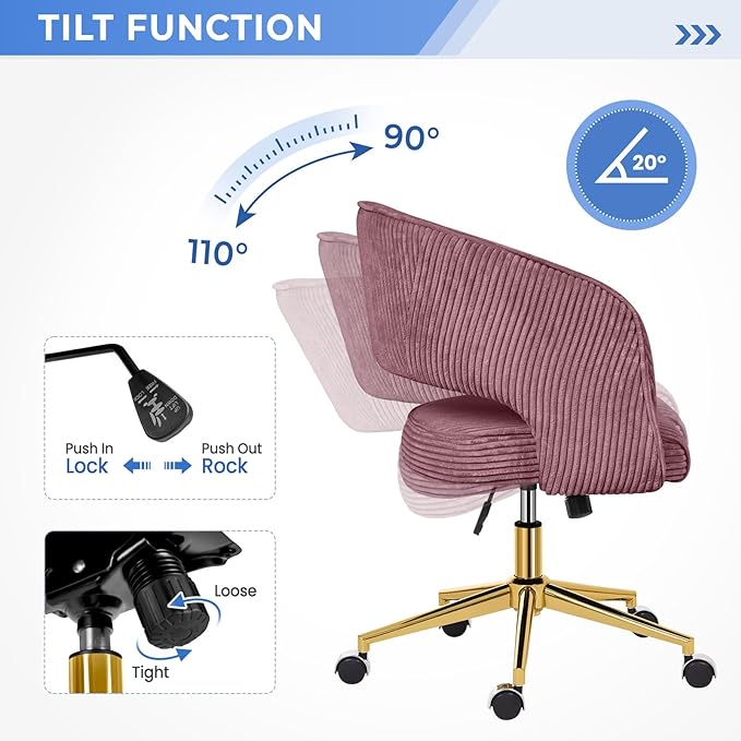 Rose Pink Office Chair, Corduroy Home Office Desk Chairs with Wheels and Gold Base, Mid Century Swivel Vanity Chair, Comfy Rolling Chair for Bedroom, Living Room, Study - LeafyLoom
