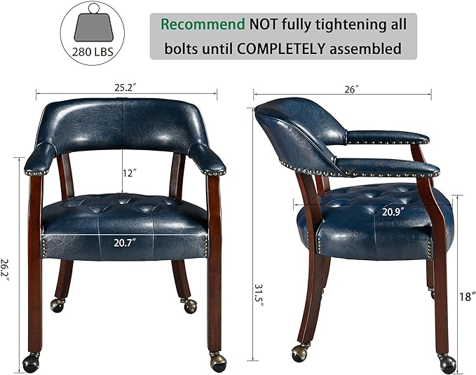Dining Chairs with Casters and Arms, Rolling Dining Chairs with Wheels, Accent Game Poker Table Chairs, Solid Wood Boss Caption's Chairs Office Desk Chairs, Cherry Legs & Blue SY-1533-LB - LeafyLoom